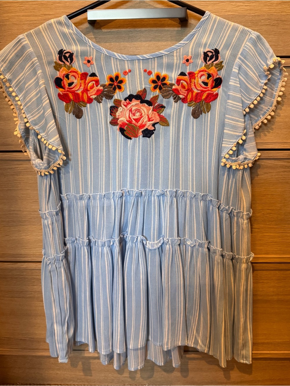 Alter’d State Blue Striped Embroidered Floral Tiered Top S